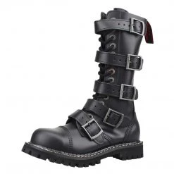 Angry Itch 14-Hole 5-Buckle Black Leather Boots Men's Stuff