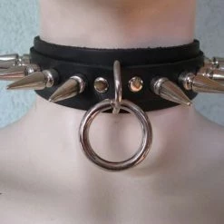 Ape Leather Spiked Bondage Choker With Long Spikes And O-Ring