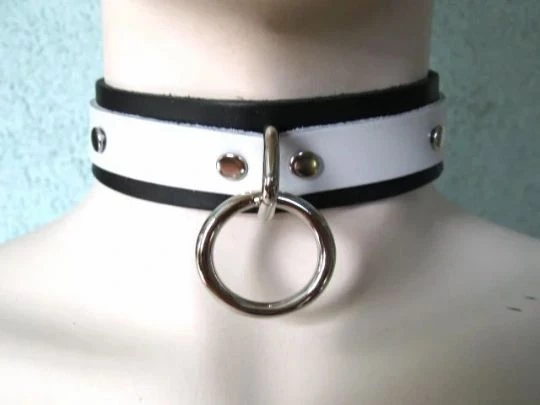Ape Leather Choker With One Welded D-ring And O-ring - White On Black Leather 3 Ape Leather Choker With One Welded D-ring And O-ring - White On Black Leather