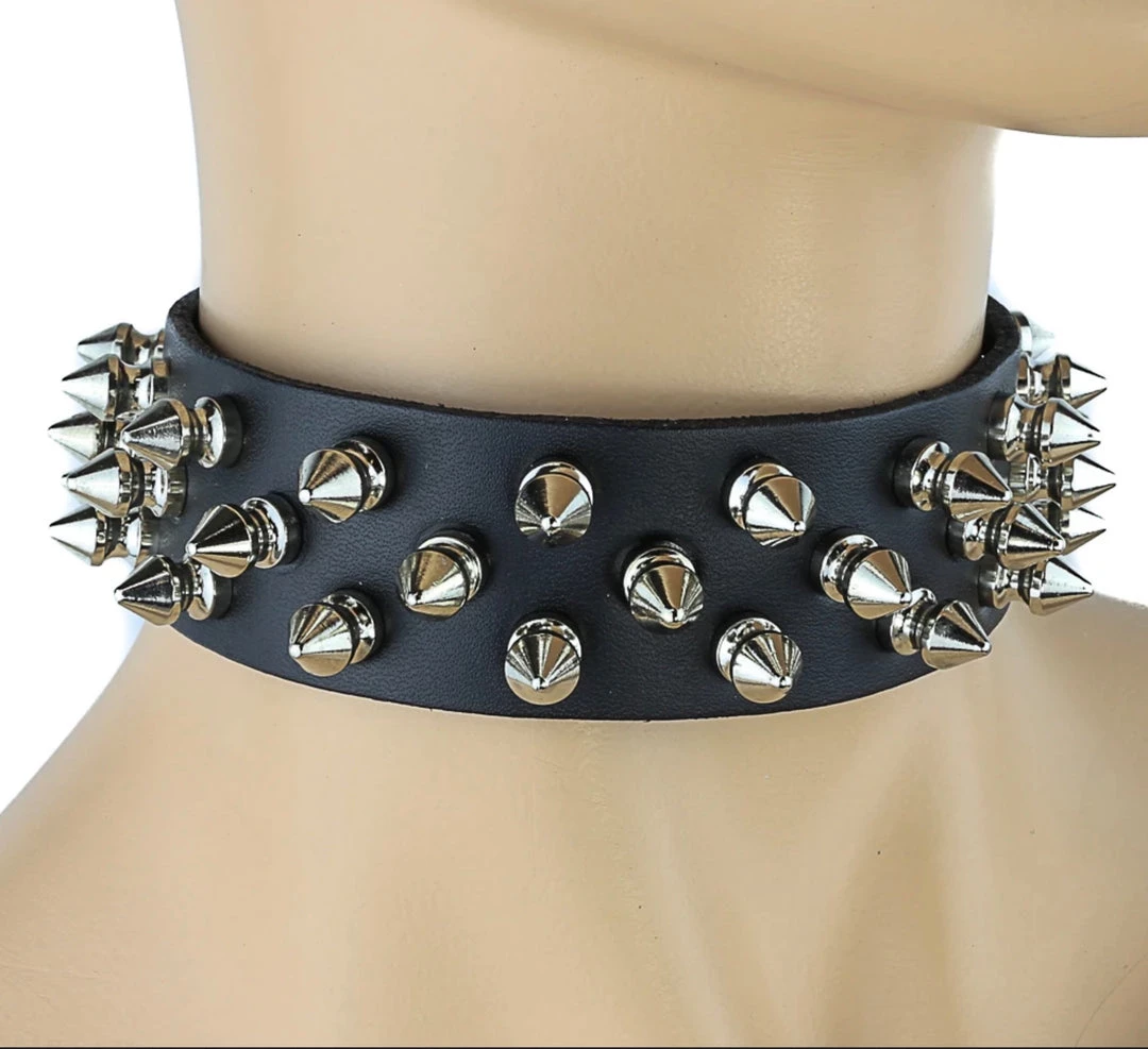 Funk Plus Chokers And Collars 1 1/8" BLACK LEATHER CHOKER WITH 3 ROW 1/2" SPIKES 3 Funk Plus Chokers And Collars 1 1/8" BLACK LEATHER CHOKER WITH 3 ROW 1/2" SPIKES