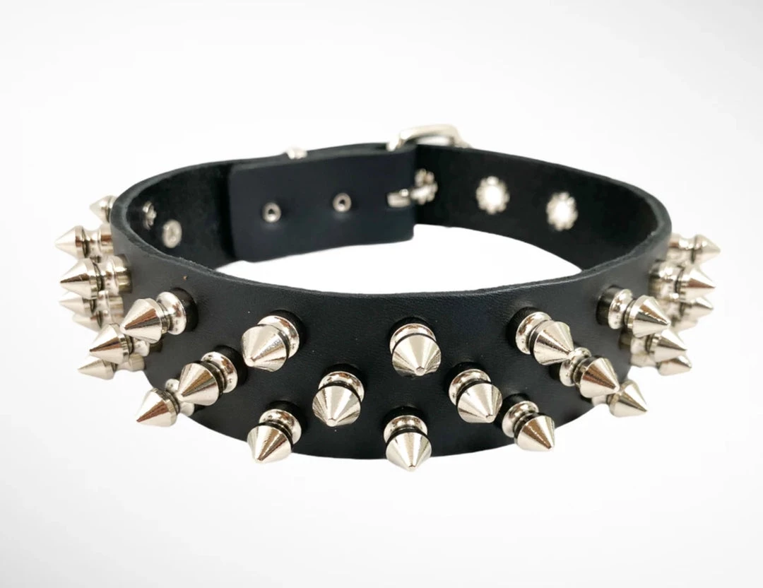 Funk Plus Chokers And Collars 1 1/8" BLACK LEATHER CHOKER WITH 3 ROW 1/2" SPIKES 4 Funk Plus Chokers And Collars 1 1/8" BLACK LEATHER CHOKER WITH 3 ROW 1/2" SPIKES