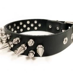 Funk Plus Chokers And Collars 1 1/8" BLACK LEATHER CHOKER WITH 1/2" & 1" SPIKES