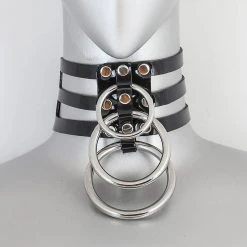 Funk Plus Triple Silver Ring Choker - Black Vinyl Chokers And Collars
