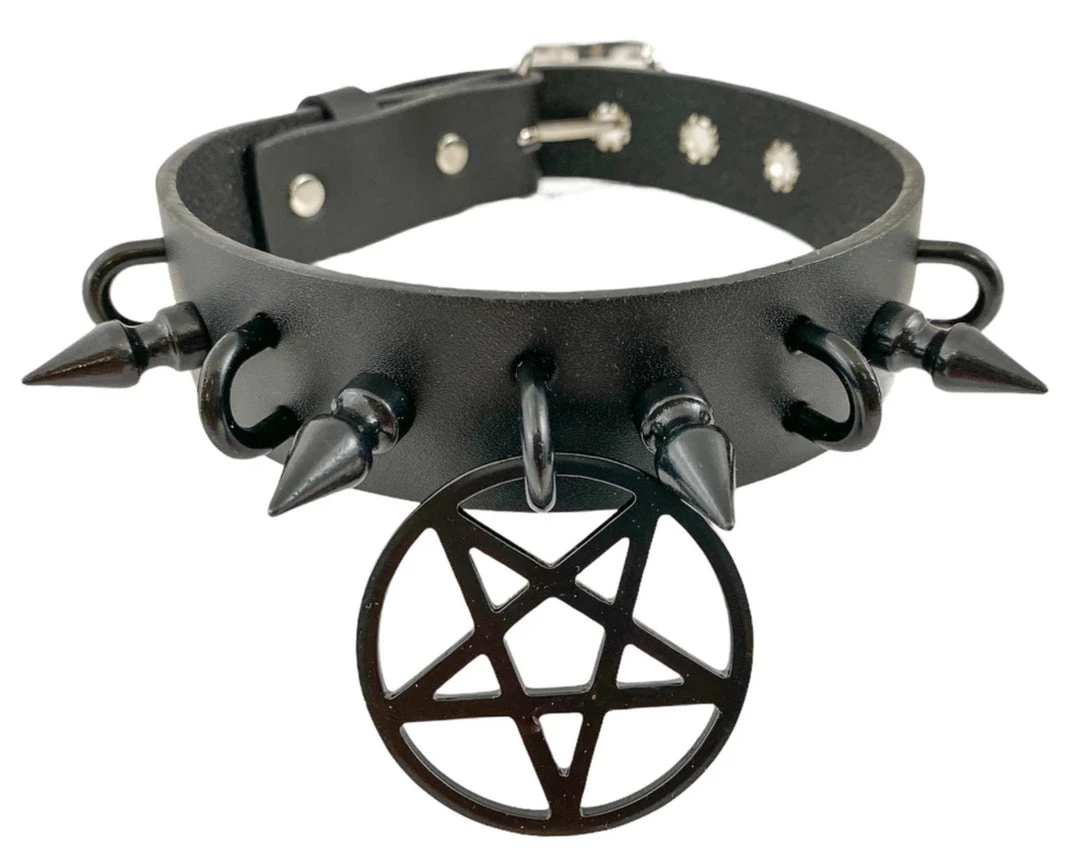 Funk Plus 1 1/4" LEATHER CHOKER WITH U RING AND 2" STAINLESS STEEL PENTAGRAM RING 10 Funk Plus 1 1/4" LEATHER CHOKER WITH U RING AND 2" STAINLESS STEEL PENTAGRAM RING