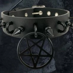 Funk Plus 1 1/4" LEATHER CHOKER WITH U RING AND 2" STAINLESS STEEL PENTAGRAM RING 16 Funk Plus 1 1/4