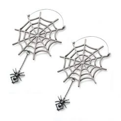 BodyVibe Stainless Steel With Silver Plated Spider Web And Dangling Spider Plug Hoops