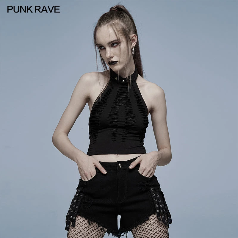 Punk Rave Women's Stuff Grunge Ripped Skull Halter Crop Top 3 Punk Rave Women's Stuff Grunge Ripped Skull Halter Crop Top