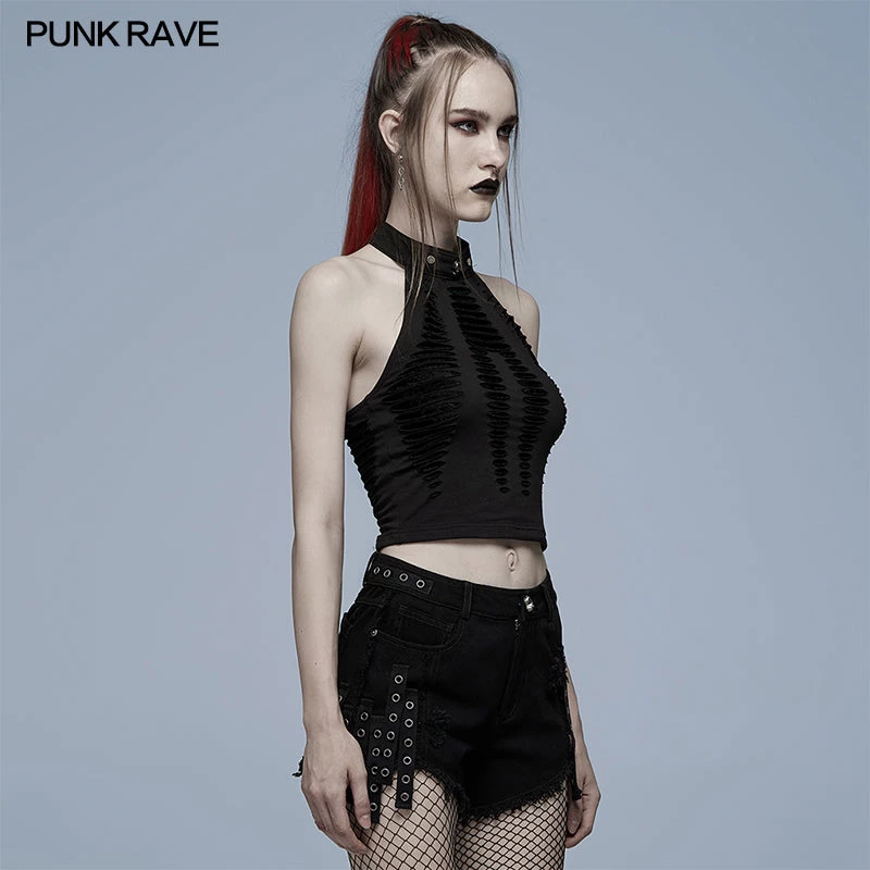 Punk Rave Women's Stuff Grunge Ripped Skull Halter Crop Top 4 Punk Rave Women's Stuff Grunge Ripped Skull Halter Crop Top