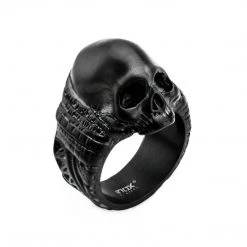 INOX Stainless Steel Black Plated Matte Finish Skull Ring