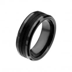 INOX Black Plated With Double Line Solid Carbon Fiber Ring Men's Stuff