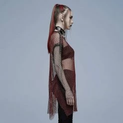 Punk Rave Grunge Double Color Splice Mesh Top - Black And Red