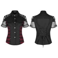 Punk Rave Women's Stuff Punk Plaid Splice Mesh Strappy Shirt