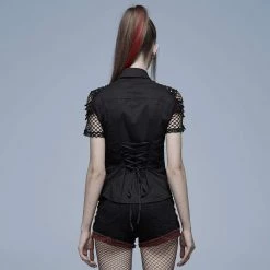 Punk Rave Women's Stuff Punk Plaid Splice Mesh Strappy Shirt