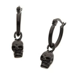 BodyVibe Jewelry Matte Black Plated Hoop With Skull Dangle Earrings