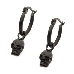 BodyVibe Jewelry Matte Black Plated Hoop With Skull Dangle Earrings